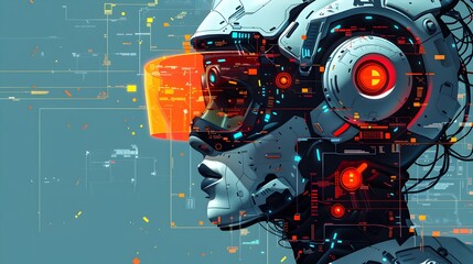 Poster - Futuristic Cyborg Robot with Glowing Red Components and Machinery