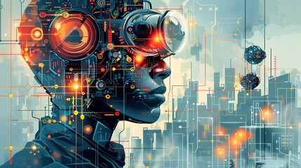 Aufkleber - Futuristic Cyborg Technologist Contemplating Cityscape of Tomorrow