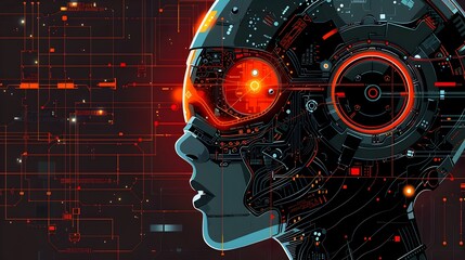 Poster - Futuristic Digital Cyborg Interface Showcasing Advanced Artificial Intelligence and High Tech Innovation