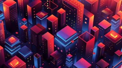 Leinwandbilder - Futuristic Neon Cityscape with Geometric Skyscrapers and Vibrant Colorful Lighting in a Digital Technological Urban Environment
