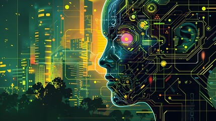 Leinwandbilder - Futuristic Powered Cityscape Illuminated by Glowing Circuits and Digital Interfaces in the Night Sky