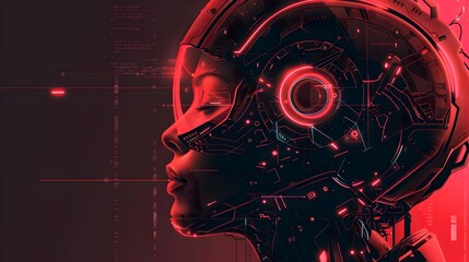 Leinwandbilder - Futuristic Robotic Face in Glowing Red Digital Landscape Conceptual Artificial Intelligence Portrait in Sci Fi Style