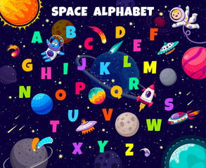 Wall Mural - kid space alphabet with rockets, ufo, kid astronaut and alien. english abc figures and numbers, font