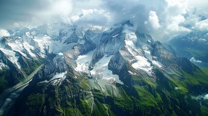 Wall Mural - Aerial view of the Alps stretching across Switzerland, showcasing the snow-capped peaks and the green valleys, a hub for