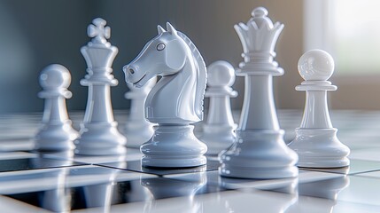 3D rendering of white chess pieces on chessboard. Strategy, competition, leadership and success concept.