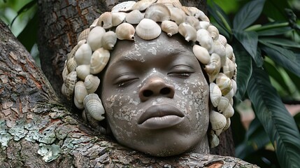 Wall Mural -   A close-up photo of a child's face inside a tree with seashells adorning their hair