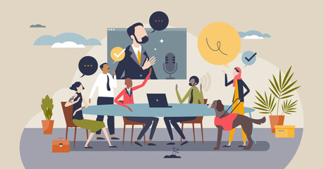 Wall Mural - Diversity and inclusion in workplace with work employees tiny person concept. Different individuality, genders, personality, style and ethnic members in office vector illustration. Interaction scene.