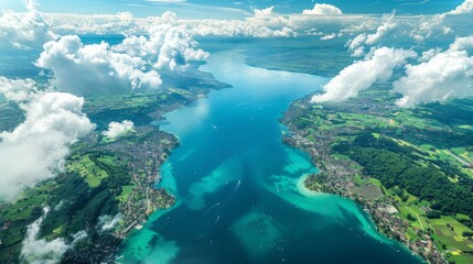 Wall Mural - Aerial view of the Lake Geneva region in Switzerland, highlighting the serene waters and the cities of Geneva and Lausann