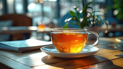 Wall Mural -   A tea sits on a saucer on a table near a potted plant