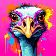 Brightly colored ostrich head, cheeky, abstract.