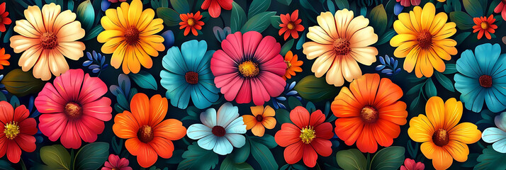 Wall Mural - colorful flower pattern featuring orange, yellow, blue, pink, and red flowers arranged in a repeating pattern