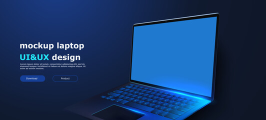 Fototapete - Modern Laptop with Blue Screen and Illuminated Keyboard. Modern laptop with a blue screen and illuminated keyboard on a dark background. Perfect for tech-related content, showcasing gadgets. Vector