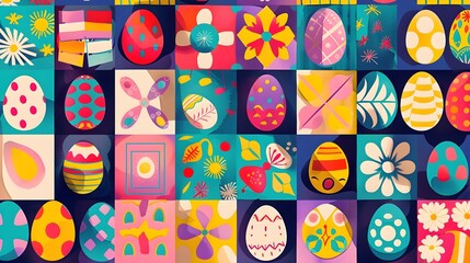 Aufkleber - Vibrant Colorful Easter Egg and Floral Patterns Abstract Background for Spring Holiday or Creative DIY Design