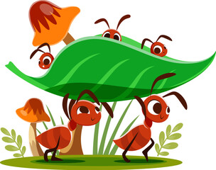 Wall Mural - Cartoon ants carry their kids. Cute vector insects transporting larvas sitting on green leaf. Funny fairy tale characters or book personages, ants colony or family work together, care their offspring