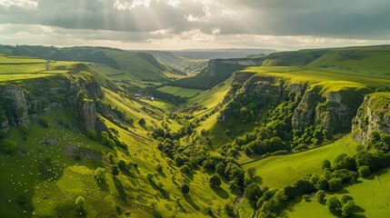Wall Mural - Aerial view of the Peak District in England, UK, known for its stunning landscapes, from rolling hills to rocky peaks, a
