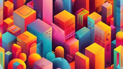 Aufkleber - Vibrant Geometric Cityscape Abstract 3D Cubes and Blocks in Futuristic Urban Landscape
