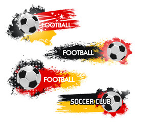 Germany 2024 euro soccer cup grunge banners for sports club promotions. Dynamic vector football balls with vibrant halftone splashes or motion trails in red, yellow and black colors of German team