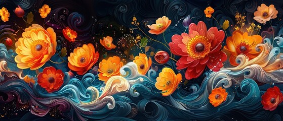 Wall Mural - Beautiful floral background with red and orange flowers