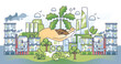 Clean air initiative for sustainable city climate outline hands concept. CO2 emissions and carbon pollution level monitoring and oxygen production with green and lush tree planing vector illustration
