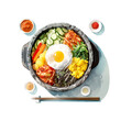 Watercolor illustration of Korean food Ishiyaki Bibimbap on white background.