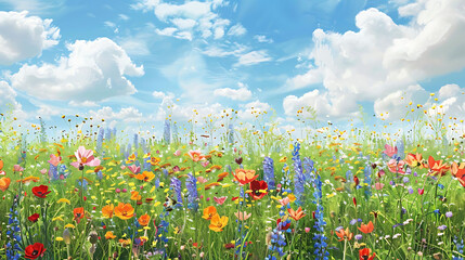 Wall Mural - colorful wildflower meadow under a blue sky with white clouds