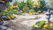 watercolor of A serene Japanese Zen garden , traditional stone lanterns, and beautifully raked gravel patterns, Generative AI