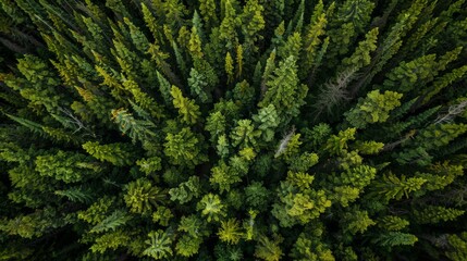 Wall Mural - Aerial view of the Boreal Forest in Saskatchewan, Canada, an expansive natural area dominated by spruce and fir trees, su