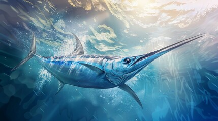 Wall Mural - A blue fish with a long, pointy snout is swimming in the ocean