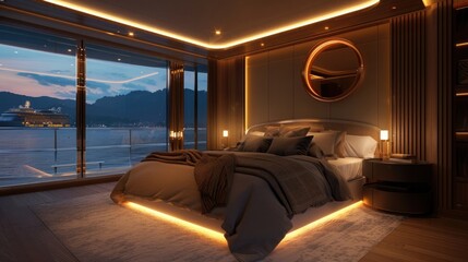 Wall Mural - A modern and luxurious bedroom on the yacht with large windows overlooking the sea, warm lighting, at night time,