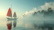 Serene morning sail with red sails in misty lake landscape.