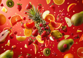 Wall Mural - Fruit explosion on a red background, with flying fruits like strawberries and pineapples in the air, alongside oranges, pears, apples, and kiwi