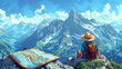 © Parinwat Studio - A young man sits on a mountaintop, looking out at the view. He is wearing a hat and a backpack, and has a map spread out in front of him. The sky is blue and the sun is shining.