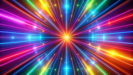 Wall Mural - Bright beams of light radiate from a central bright spot, creating the effect of movement and speed. Multiple colours across the spectrum create dazzling, neon-like beams.AI generated.