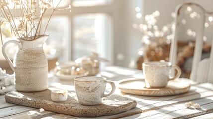 A cappuccino on a work table in a boho-style office