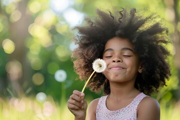 cheerful african american girl blowing dandelion in park carefree childhood joy outdoor play and fun