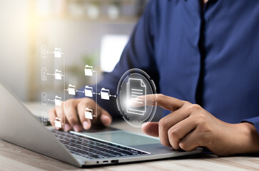 Fototapete - Document management system concept (DMS), Businessman working laptop virtual screen icons folder and document management system, Software for archiving, Searching and managing files corporate document