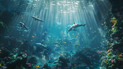 Sticker - An expansive underwater scene, clear blue ocean filled with playful dolphins and colorful fish, illuminated by beams of sunlight from above. 