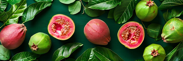 Wall Mural - red guava fruit and green leaves on a green background