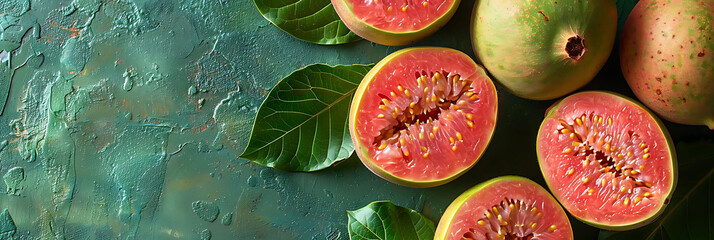 Wall Mural - red guava fruit and green leaves on a table