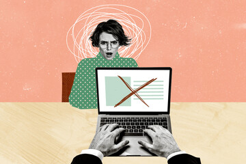 Composite photo collage of astonished inappropriate girl candidate receive refusal hands macbook app isolated on painted background