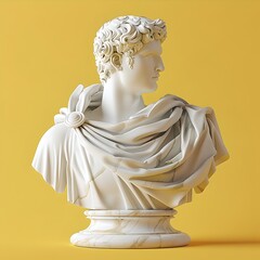 Ornate White Marble Bust Sculpture on Yellow Background