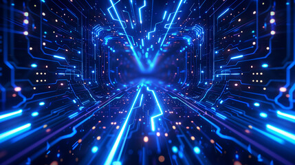 A computer chip is shown in a blue color. The chip is made up of many small squares, and it looks like a maze. The image gives the impression of a complex and intricate system