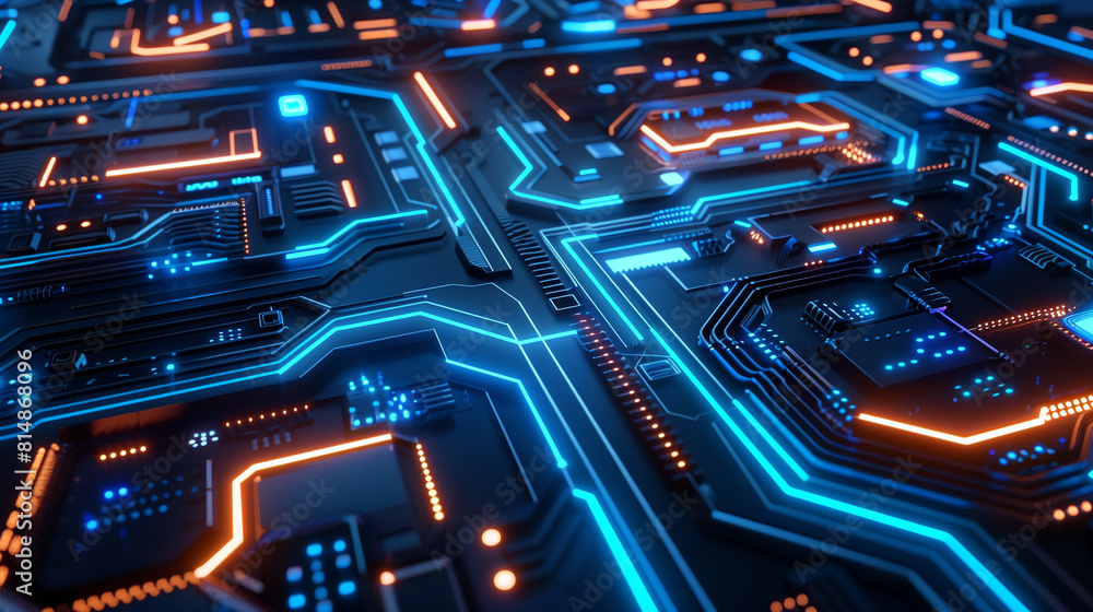A computer chip is shown in a blue color. The chip is made up of many ...