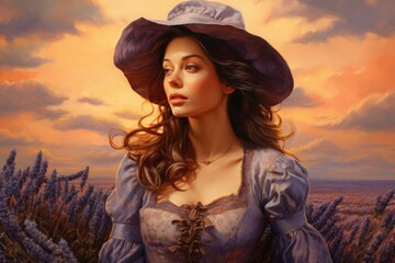 Wall Mural - Portrait of a graceful lady wearing a vintage hat and dress amidst a blooming lavender field with a warm sky