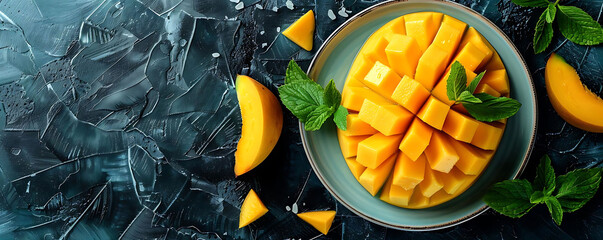 Wall Mural - ripe mangoes and green leaves on a blue plate placed on a black table