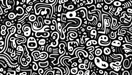 Poster - A black and white abstract painting with many different shapes and lines. The painting has a very abstract and modern look to it