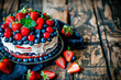 Cake with various berries on rustic table. Strawberries, blueberries, red currants