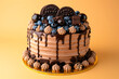 Chocolate cake decorated with blueberries and cookies on yellow background