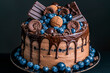 Chocolate cake decorated with blueberries and cookies on dark background