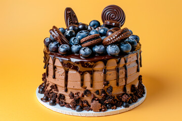 Poster - Chocolate cake decorated with blueberries and cookies on yellow background